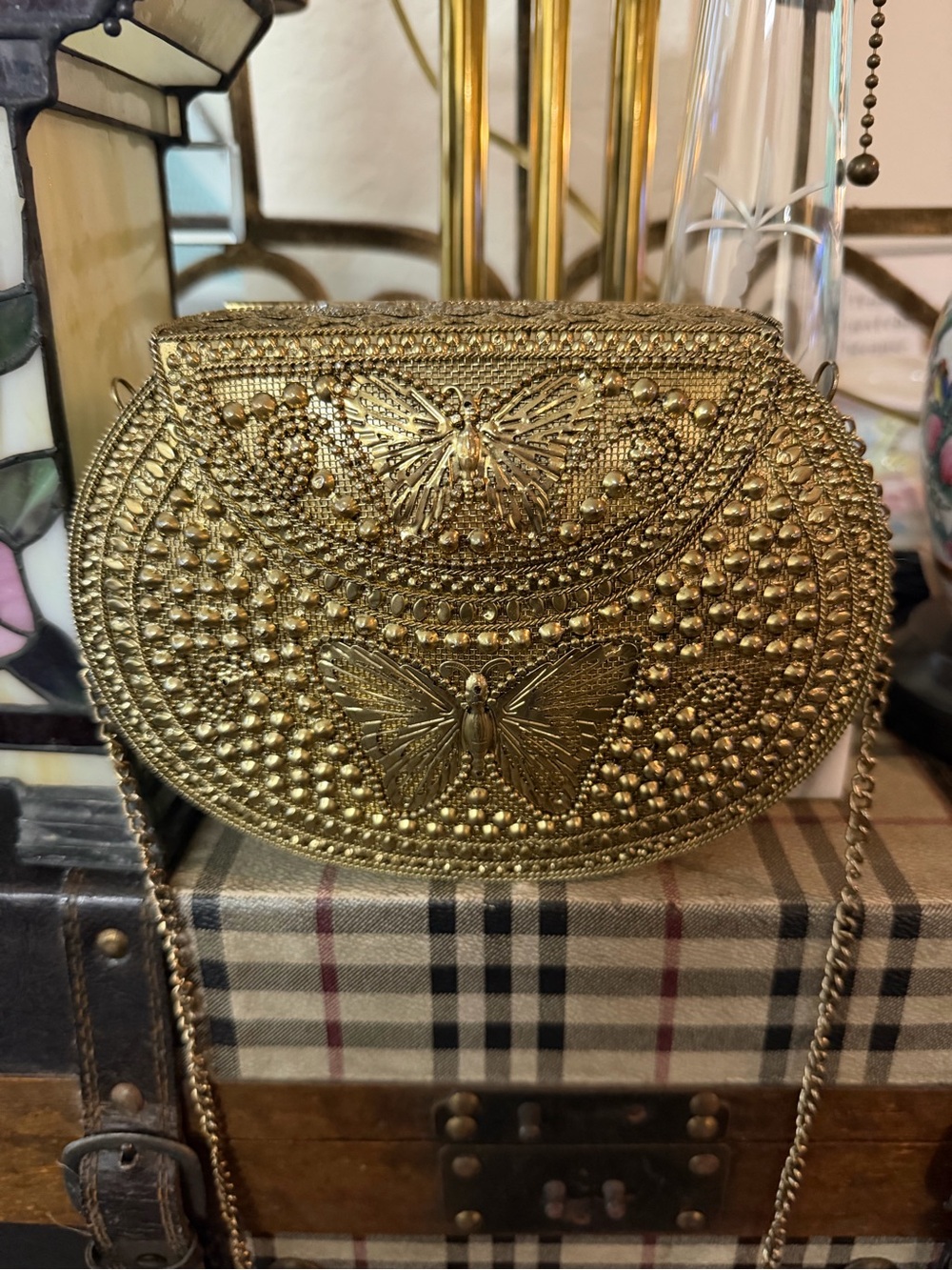 Brass Gold Embellished Butterfly Crossbody Bag